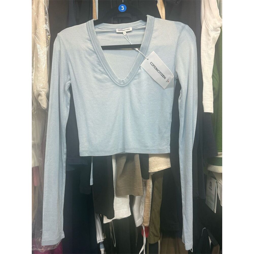 Cotton Citizen Women's Blue Cropped U-Neck Long Sleeve T-Shirt Size S